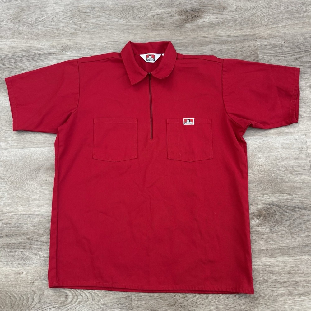 Vintage Ben Davis Shirt Mens Large Red 1/4 Zip Collared Work Made in USA Cotton